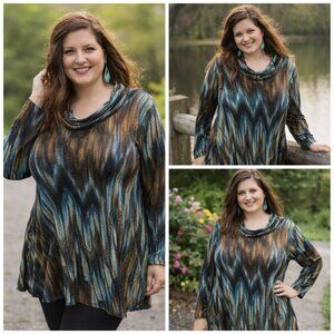 ✨ Vine Street Made in USA Textured Knit Tunic | Cowl Neck | Blue, Bronze & Black